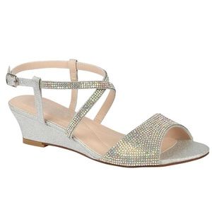 NWB De Blossom Collection Rosa-21 Silver Sparkle Wedge Heels (Bridal Prom)